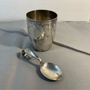 Vintage Sterling baby curved Handle spoon, silver plated French naming cup